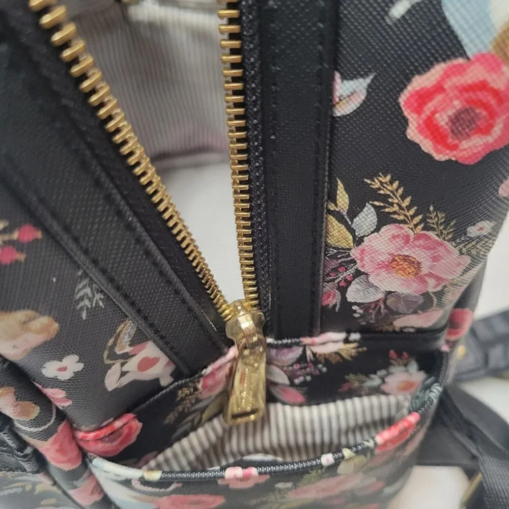 Disney Loungefly Women's Black Floral Print Zipper Around Backpack Rare HEART